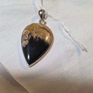 Elegant Petrified Wood Set In Sterling Silver Black and Gold Teardrop Pendant.